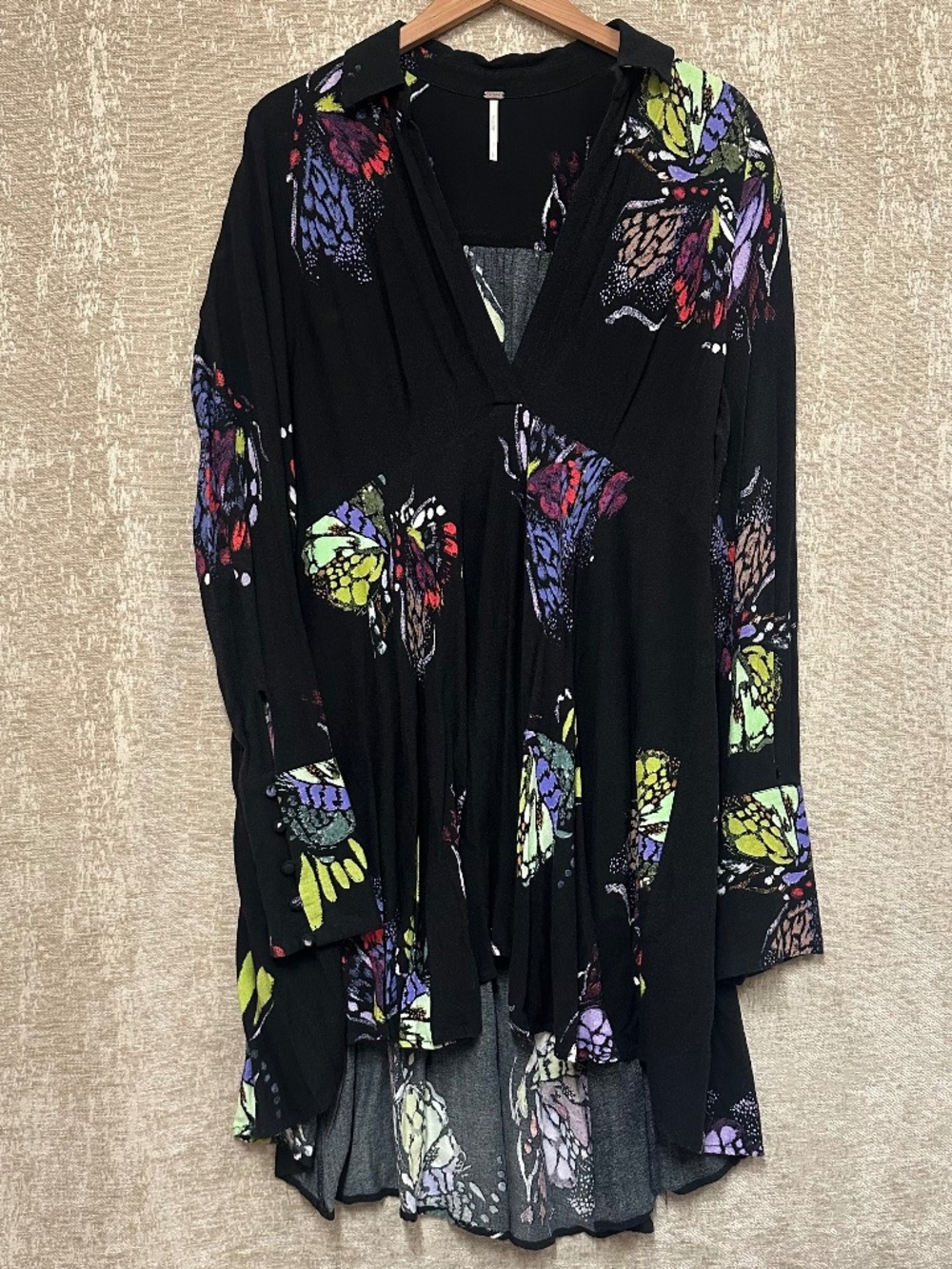Free People Black Butterfly-Print Tunic Top size L